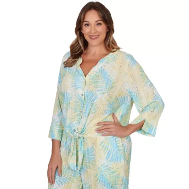 PRINTED EYELET GAUZE 3/4 SLEEVE TIE FRONT BLOUSON
