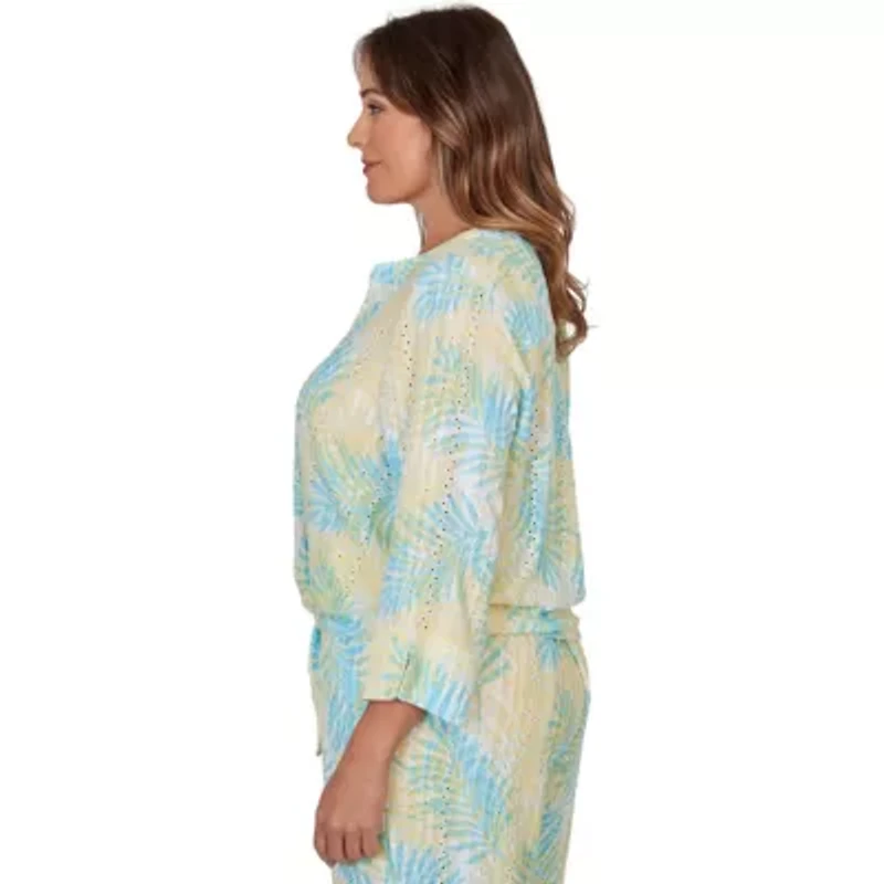 PRINTED EYELET GAUZE 3/4 SLEEVE TIE FRONT BLOUSON