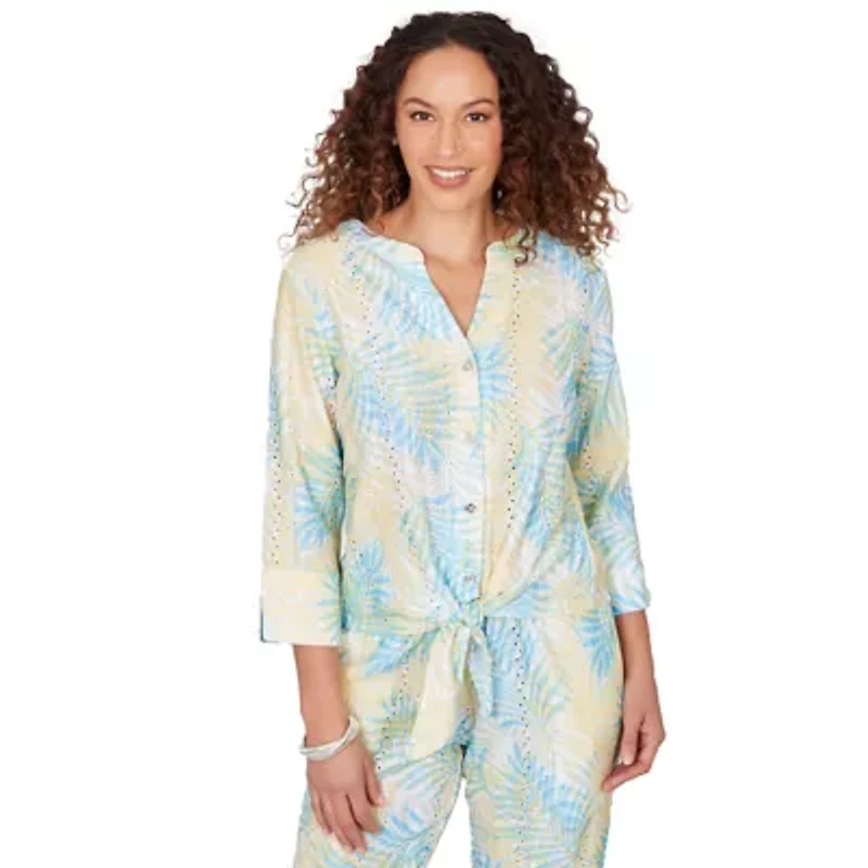 PRINTED EYELET GAUZE 3/4 SLEEVE TIE FRONT BLOUSON