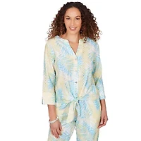 PRINTED EYELET GAUZE 3/4 SLEEVE TIE FRONT BLOUSON