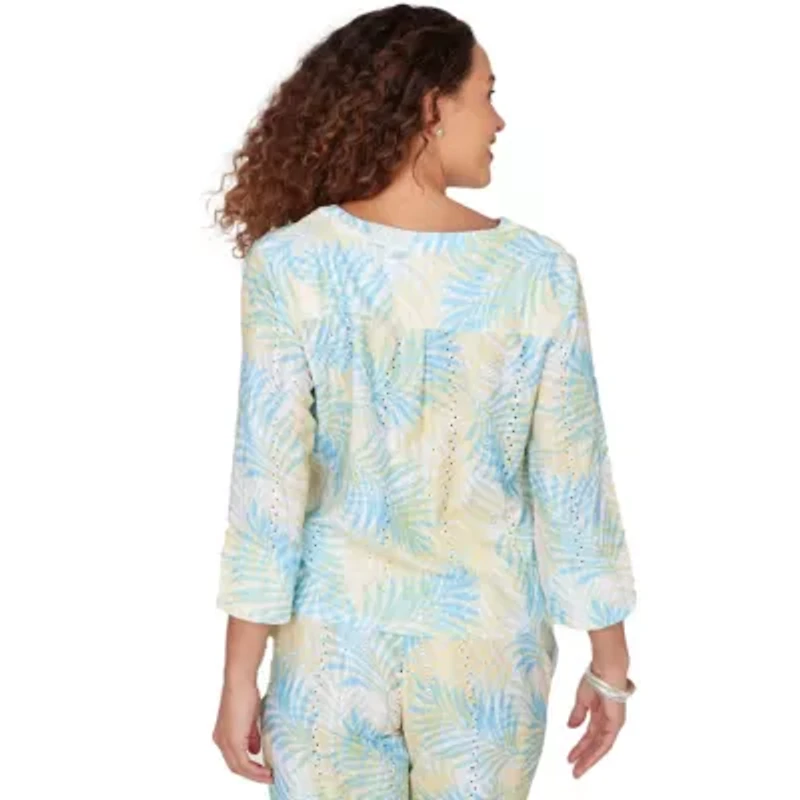 PRINTED EYELET GAUZE 3/4 SLEEVE TIE FRONT BLOUSON