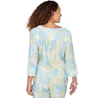 PRINTED EYELET GAUZE 3/4 SLEEVE TIE FRONT BLOUSON