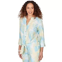 PRINTED EYELET GAUZE 3/4 SLEEVE TIE FRONT BLOUSON