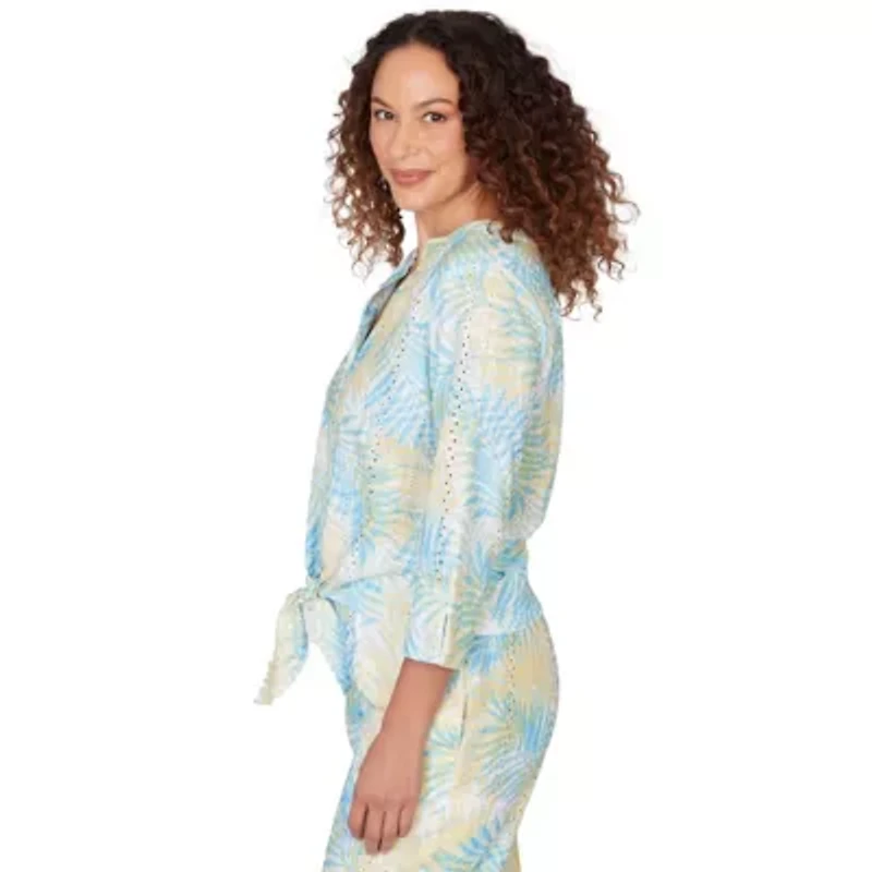 PRINTED EYELET GAUZE 3/4 SLEEVE TIE FRONT BLOUSON