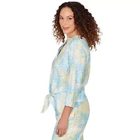 PRINTED EYELET GAUZE 3/4 SLEEVE TIE FRONT BLOUSON