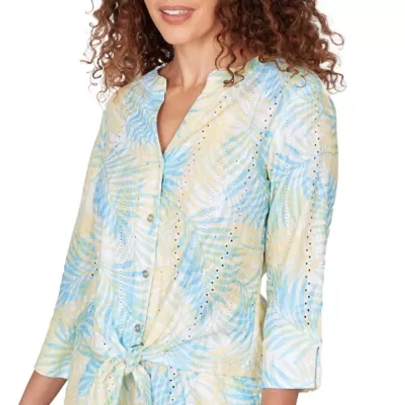 PRINTED EYELET GAUZE 3/4 SLEEVE TIE FRONT BLOUSON