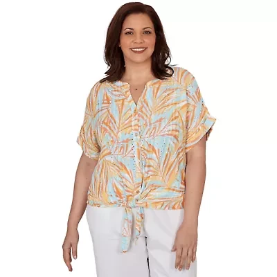 PRINTED EYELET GAUZE T SLEEVE BLOUSON WITH TIE FRONT