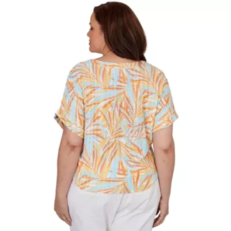 PRINTED EYELET GAUZE T SLEEVE BLOUSON WITH TIE FRONT