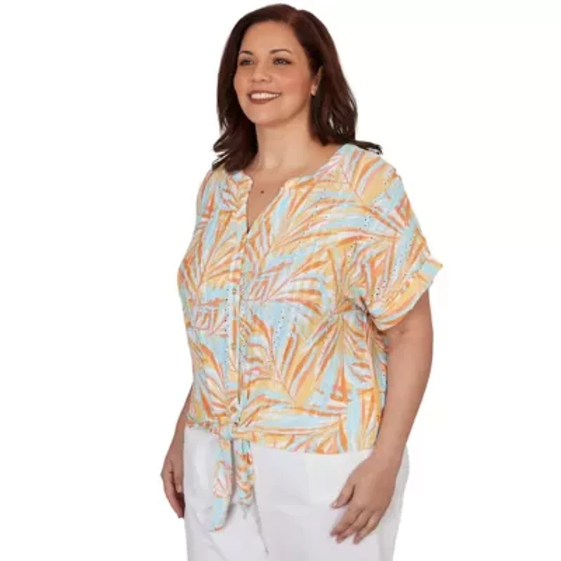 PRINTED EYELET GAUZE T SLEEVE BLOUSON WITH TIE FRONT