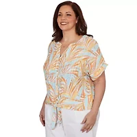 PRINTED EYELET GAUZE T SLEEVE BLOUSON WITH TIE FRONT