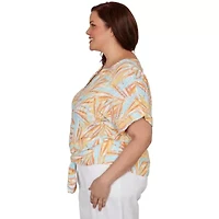 PRINTED EYELET GAUZE T SLEEVE BLOUSON WITH TIE FRONT