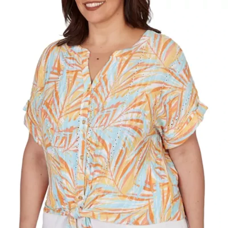 PRINTED EYELET GAUZE T SLEEVE BLOUSON WITH TIE FRONT