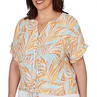 PRINTED EYELET GAUZE T SLEEVE BLOUSON WITH TIE FRONT