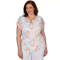 PRINTED TEXTURED KNIT T SLEEVE TOP