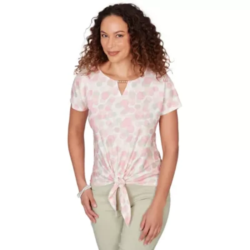 PRINTED CRINKLE T SLEEVE TIE FRONT TOP