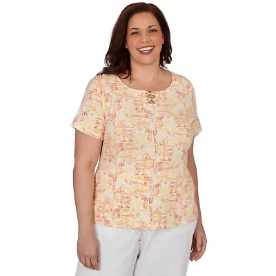 PRINTED STRETCH JERSEY SHORT SLEEVE BEAD NECK TOP