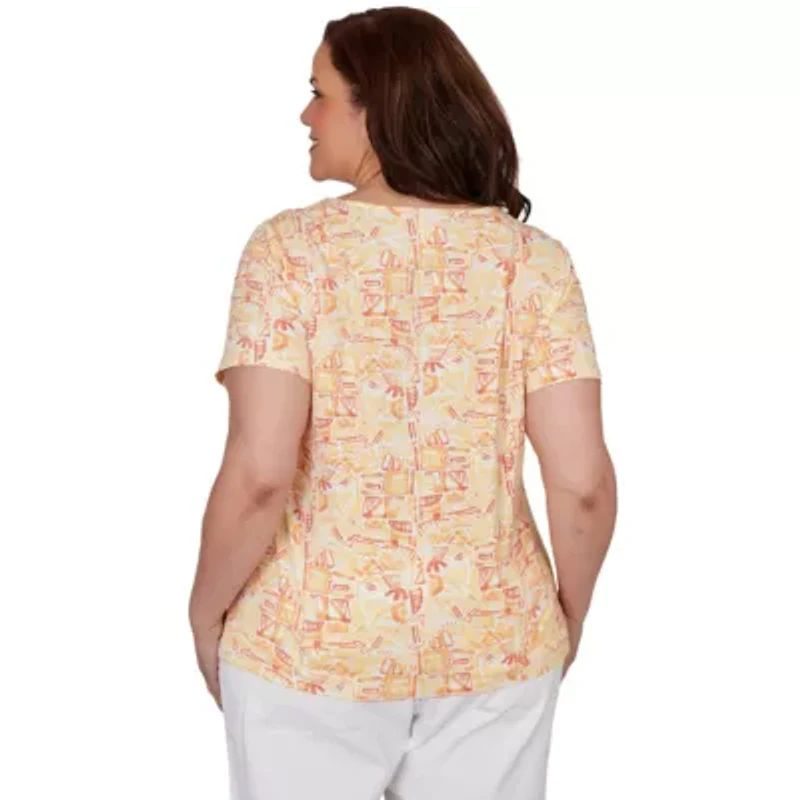 PRINTED STRETCH JERSEY SHORT SLEEVE BEAD NECK TOP