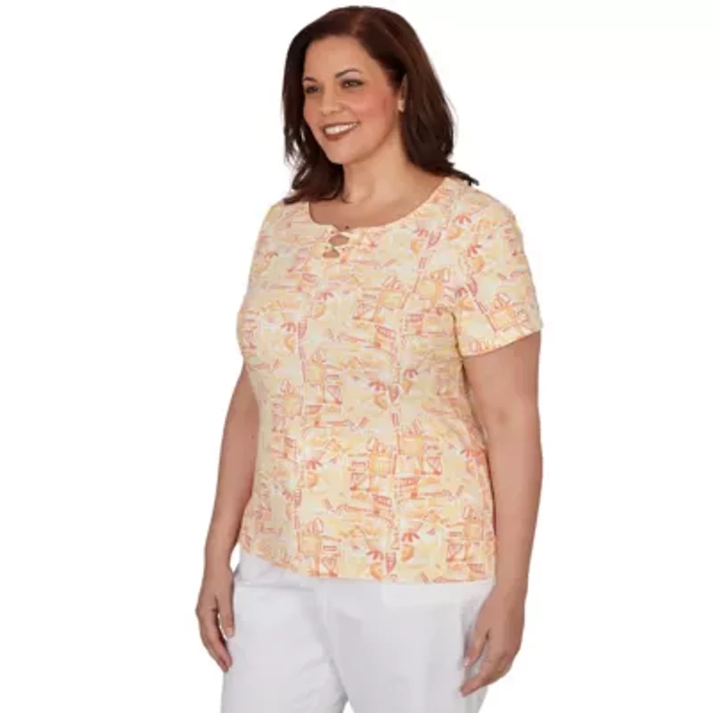 PRINTED STRETCH JERSEY SHORT SLEEVE BEAD NECK TOP