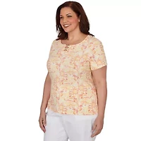 PRINTED STRETCH JERSEY SHORT SLEEVE BEAD NECK TOP