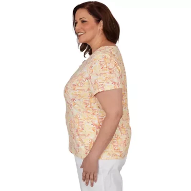 PRINTED STRETCH JERSEY SHORT SLEEVE BEAD NECK TOP