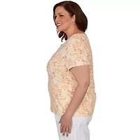 PRINTED STRETCH JERSEY SHORT SLEEVE BEAD NECK TOP