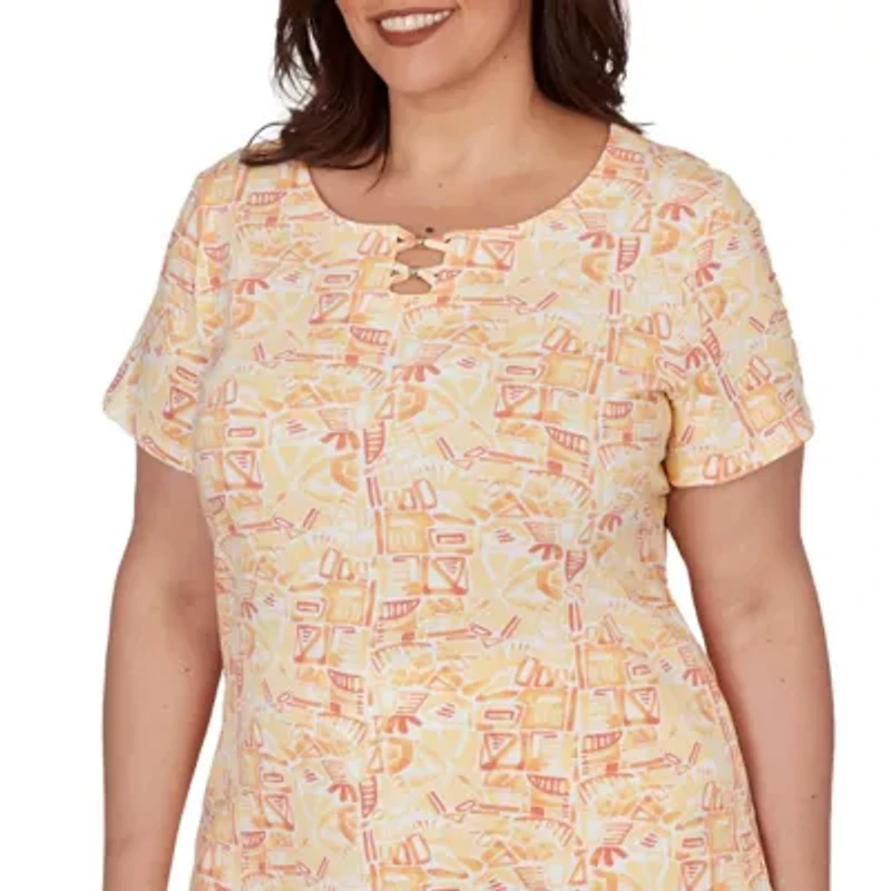 PRINTED STRETCH JERSEY SHORT SLEEVE BEAD NECK TOP