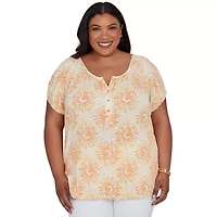 PRINTED KNIT CRINKLE SHORT SLEEVE HENLEY