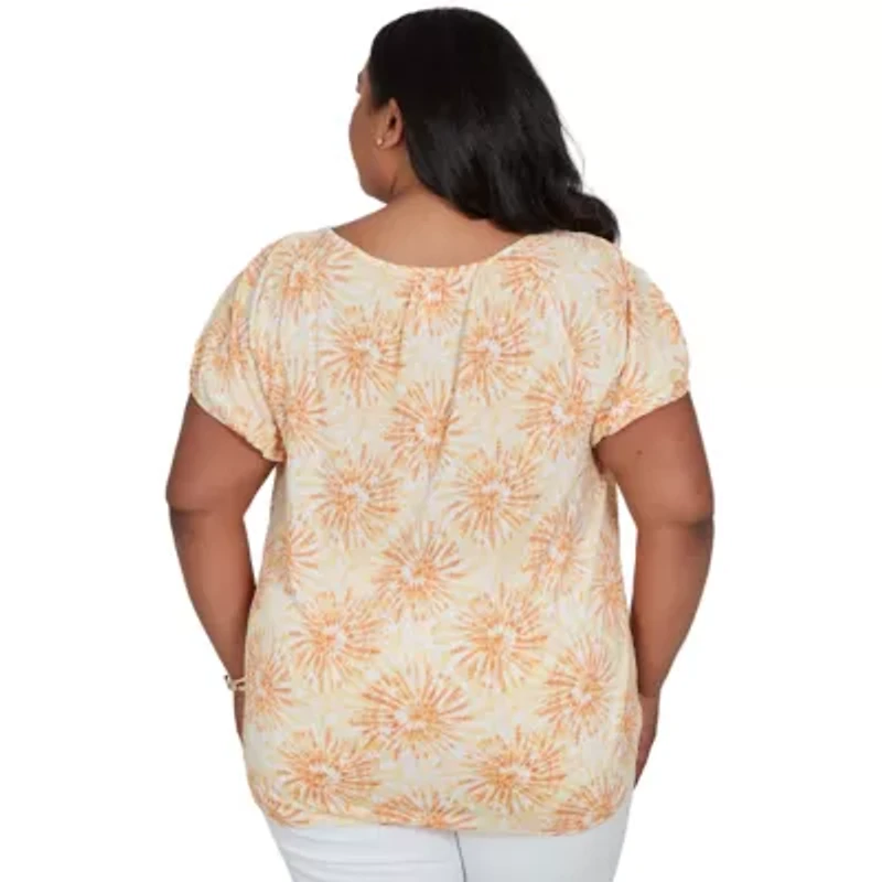 PRINTED KNIT CRINKLE SHORT SLEEVE HENLEY