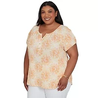 PRINTED KNIT CRINKLE SHORT SLEEVE HENLEY