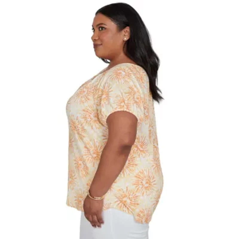 PRINTED KNIT CRINKLE SHORT SLEEVE HENLEY