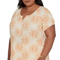 PRINTED KNIT CRINKLE SHORT SLEEVE HENLEY