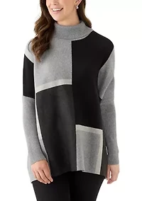 Women's Long Sleeve Printed Poncho Turtleneck Sweater