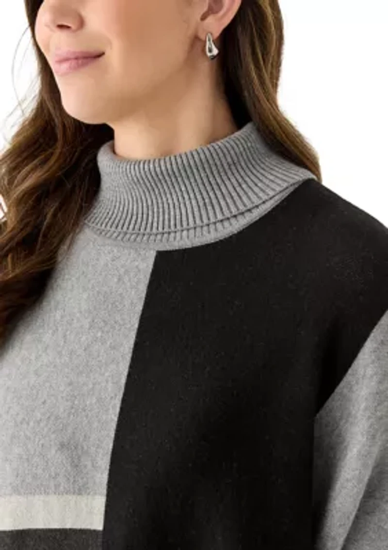 Women's Long Sleeve Printed Poncho Turtleneck Sweater