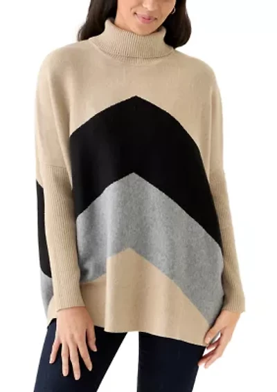 Women's Long Sleeve Printed Poncho Turtleneck