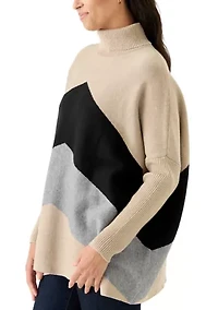 Women's Long Sleeve Printed Poncho Turtleneck
