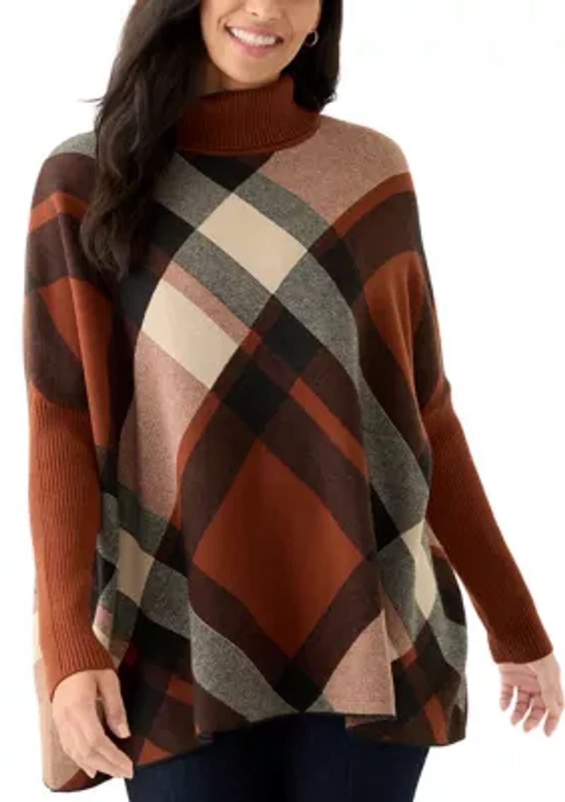 Women's Long Sleeve Printed Turtleneck Poncho