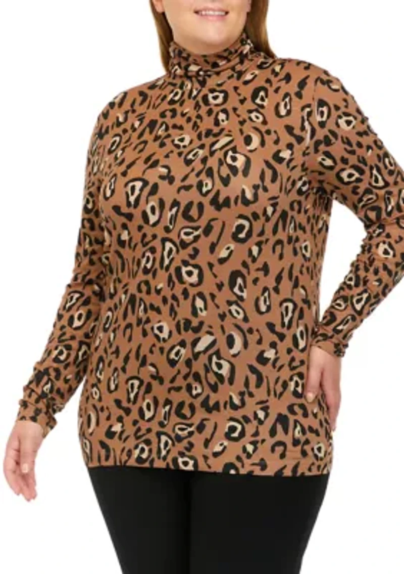 Plus Long Sleeve Ribbed Mock Print Top