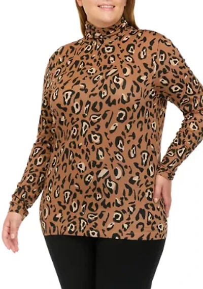 Plus Long Sleeve Ribbed Mock Print Top