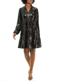 Petite Blouson Sleeve Sequin Tiered Dress