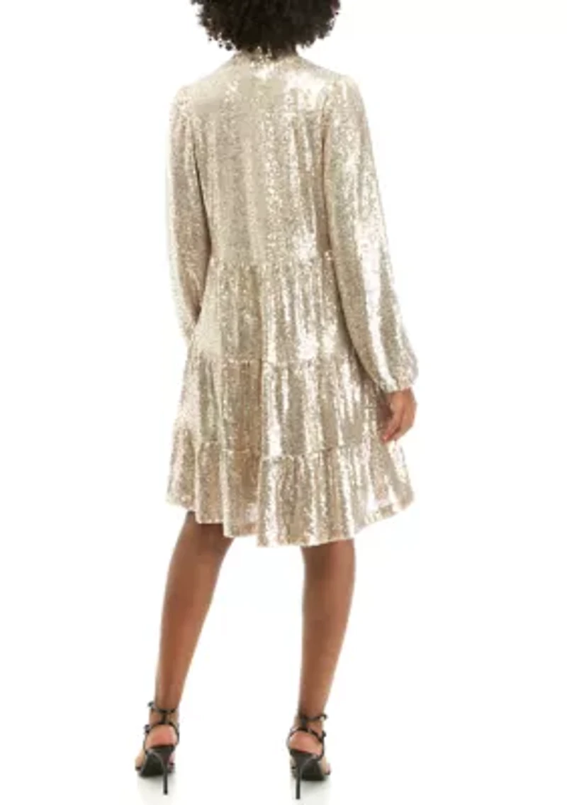 Petite Blouson Sleeve Sequin Tiered Dress