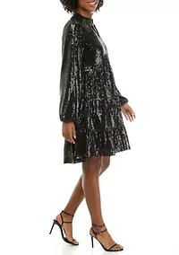 Petite Blouson Sleeve Sequin Tiered Dress