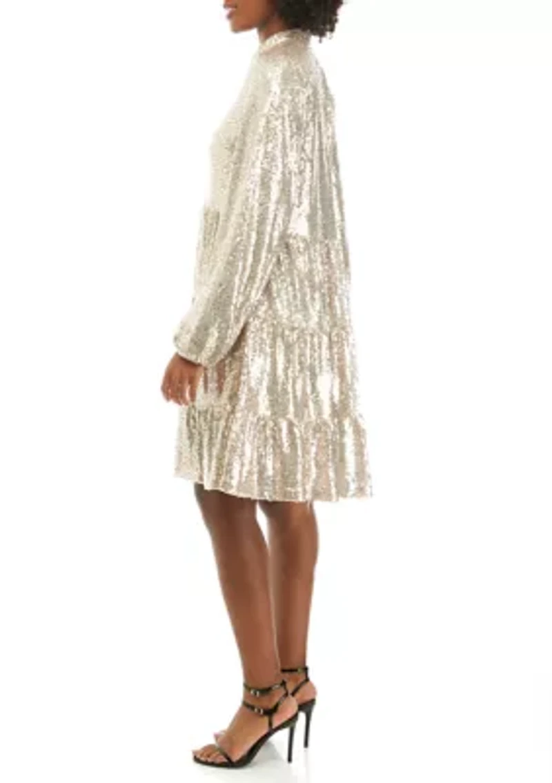 Petite Blouson Sleeve Sequin Tiered Dress