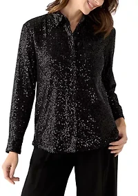 Women's Long Sleeve Sequin Boyfriend Shirt