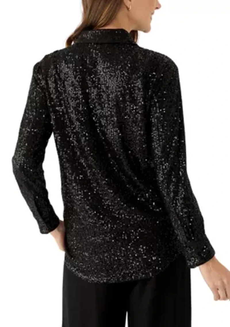 Women's Long Sleeve Sequin Boyfriend Shirt