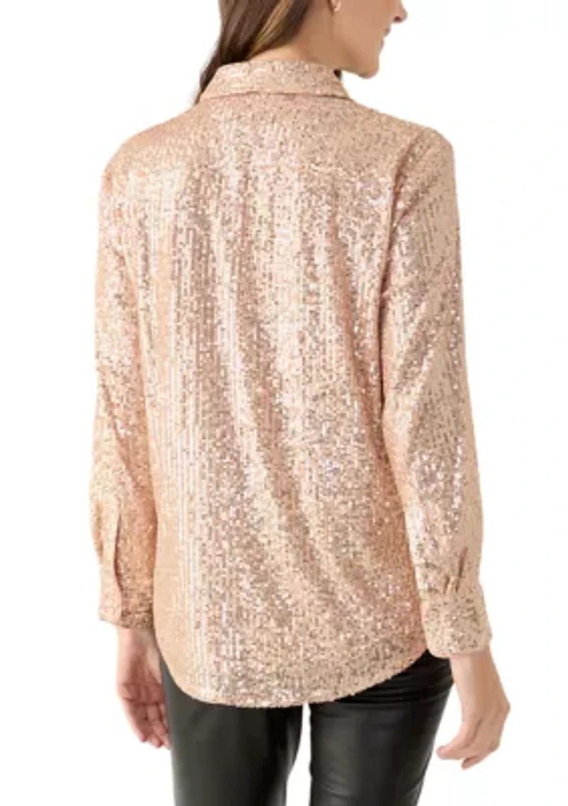 Women's Long Sleeve Sequin Boyfriend Shirt
