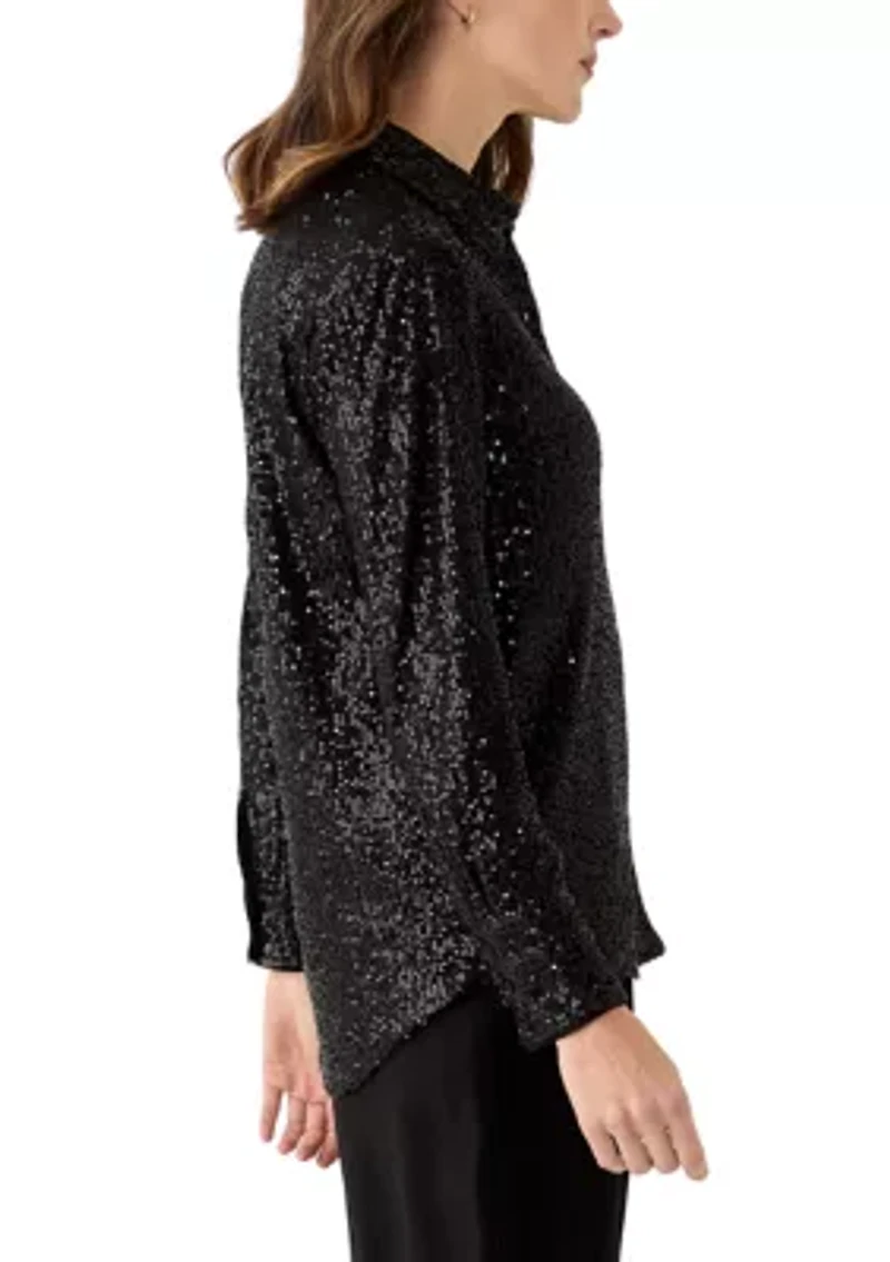 Women's Long Sleeve Sequin Boyfriend Shirt