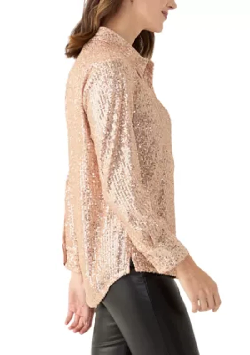 Women's Long Sleeve Sequin Boyfriend Shirt