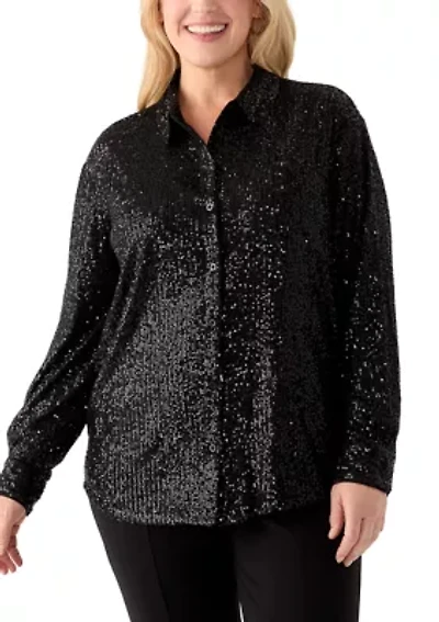 Plus Long Sleeve Sequin Boyfriend Shirt