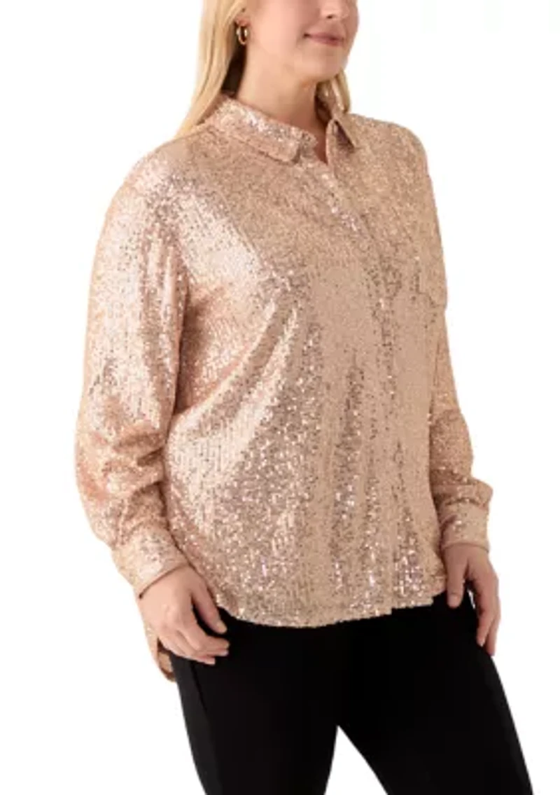 Plus Long Sleeve Sequin Boyfriend Shirt
