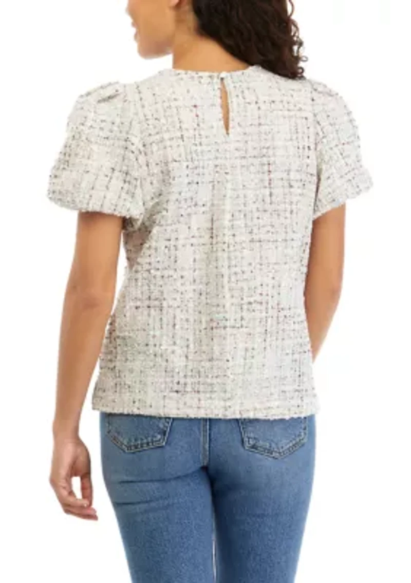 Petite Tweed Puff Sleeve Woven Top